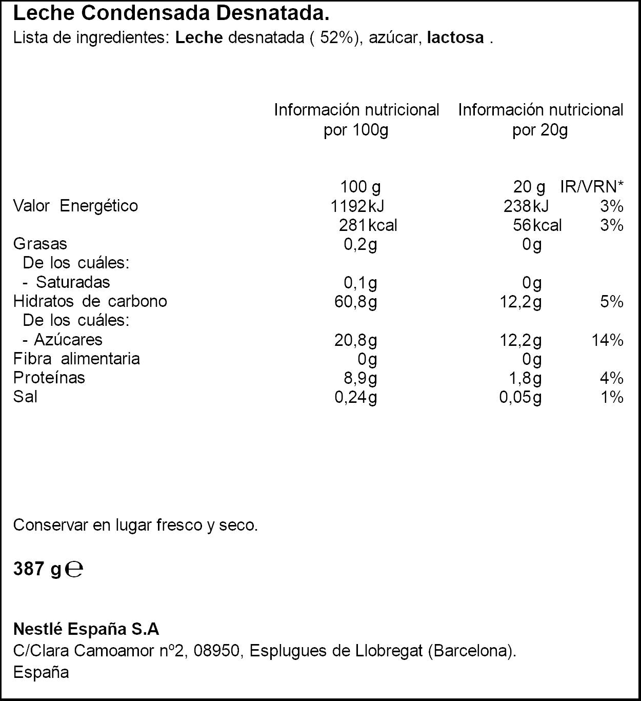Leche condensada desnatada La lechera 387g