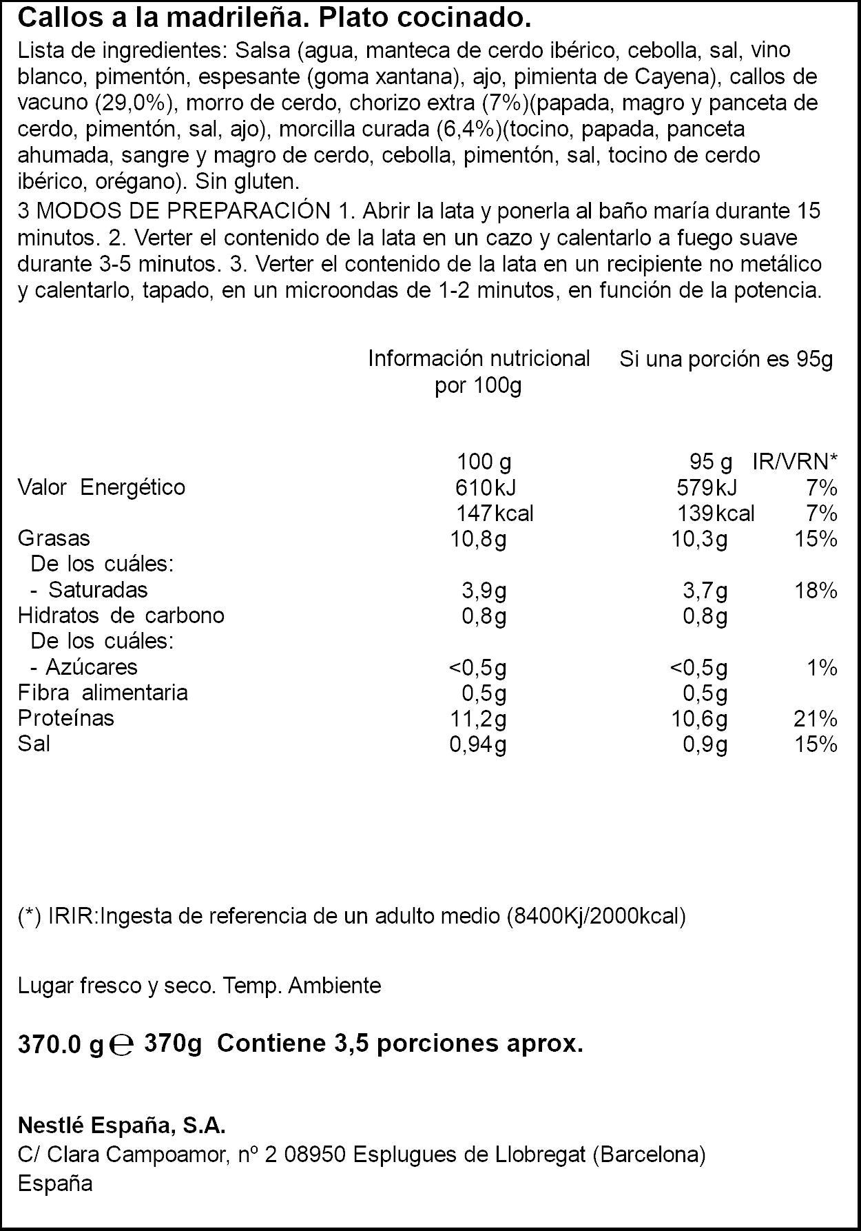 Callos a la madrileña lata Litoral 370g