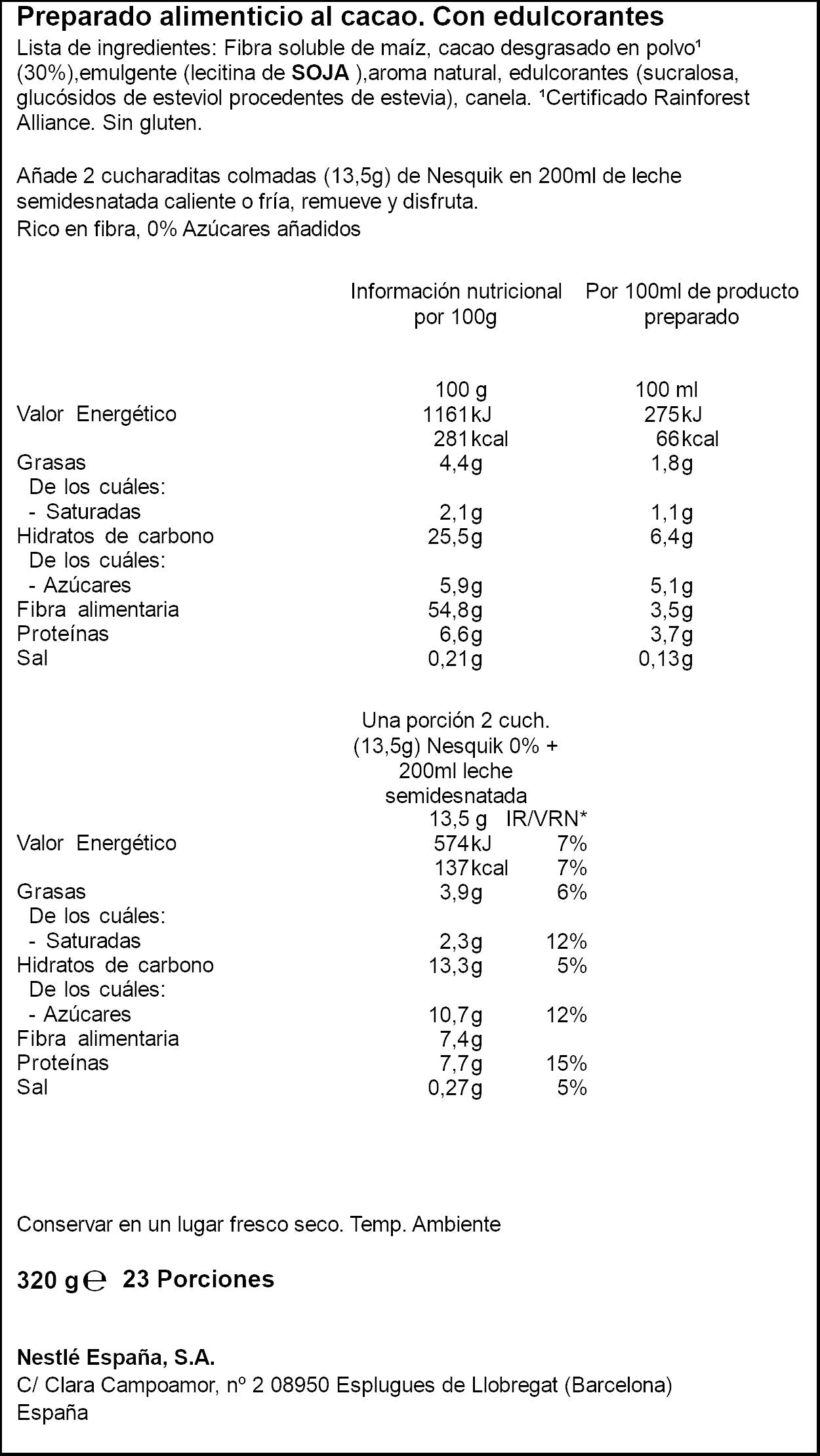 Cacao en polvo 0%azucar Nesquik 320g