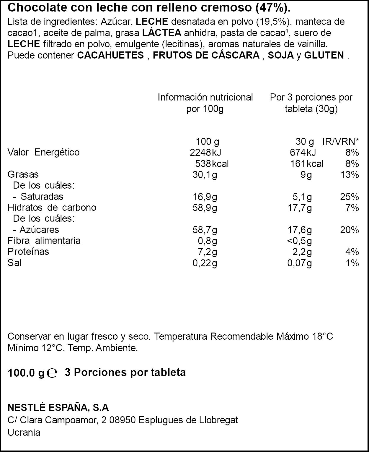 Chocolate c/leche cremoso Nestle 100g