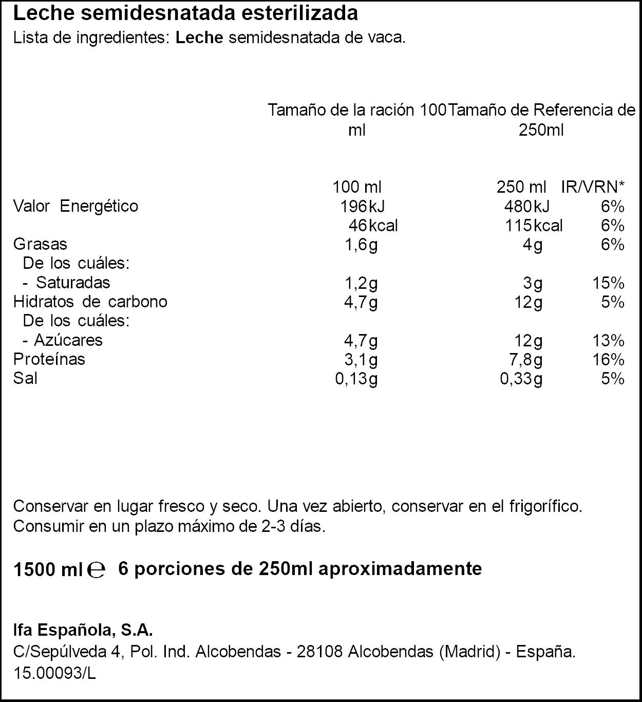 Leche semidesnatada botella Ifa eliges 1.5l