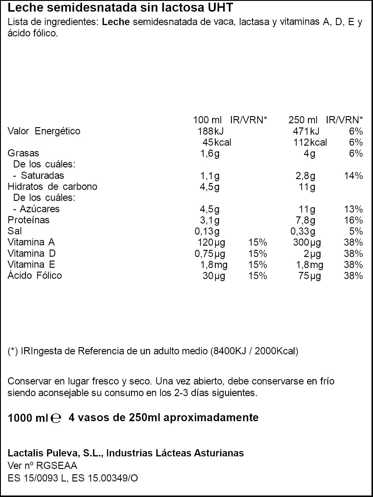 Leche semidesnatada sin lactosa Ifa eliges 1l