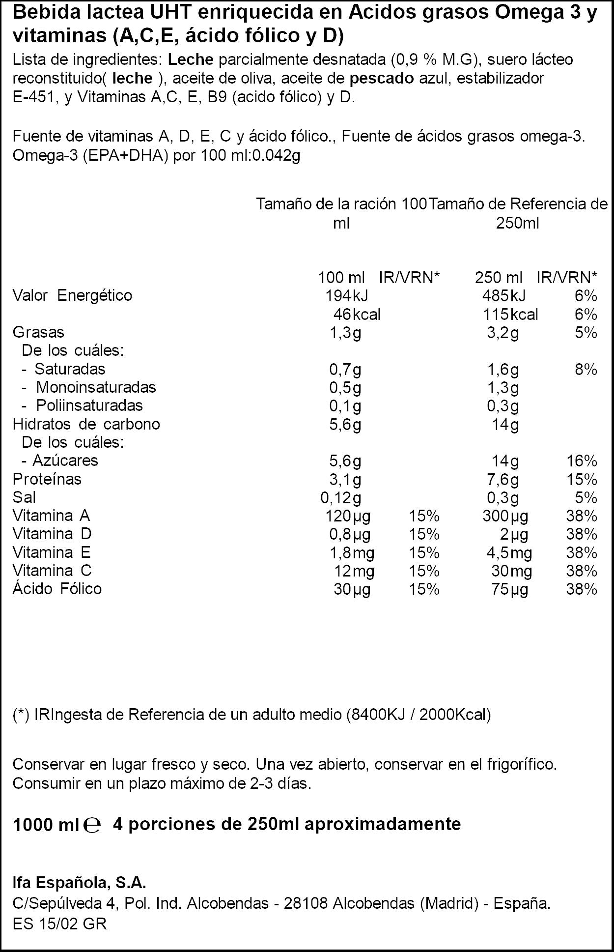 Preparado lacteo colesterol omega 3 Ifa eliges 1l