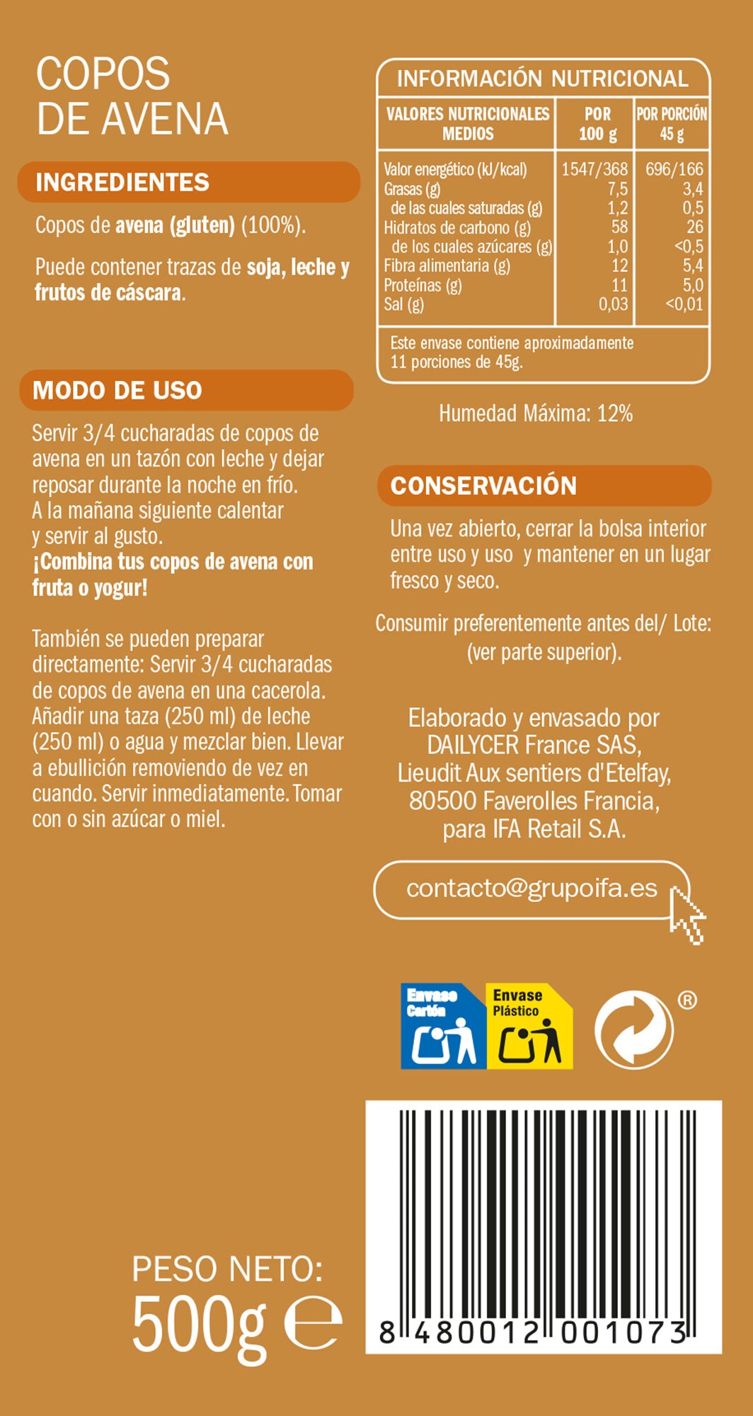 Cereal copo avena integral Ifa eliges 500g