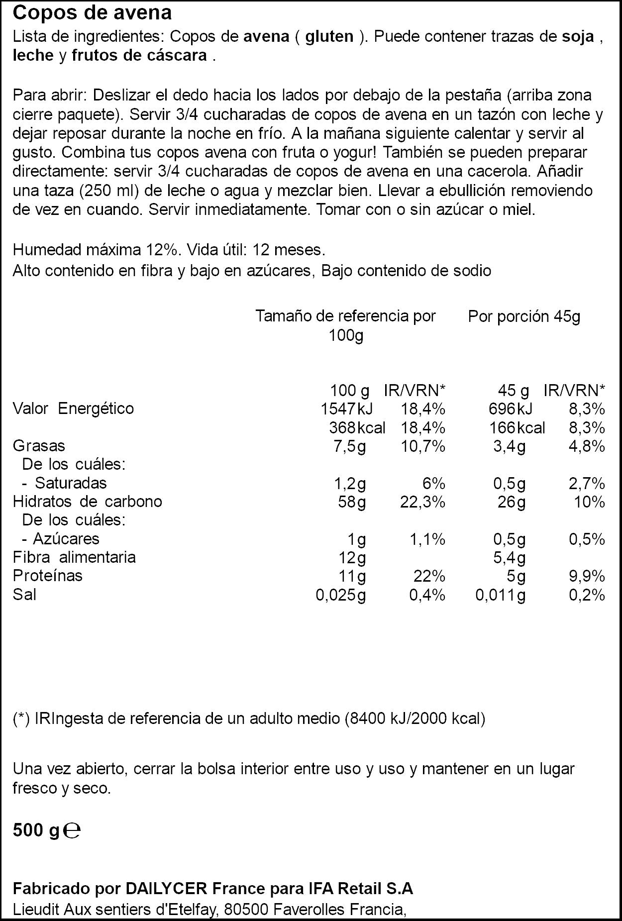 Cereal copo avena integral Ifa eliges 500g