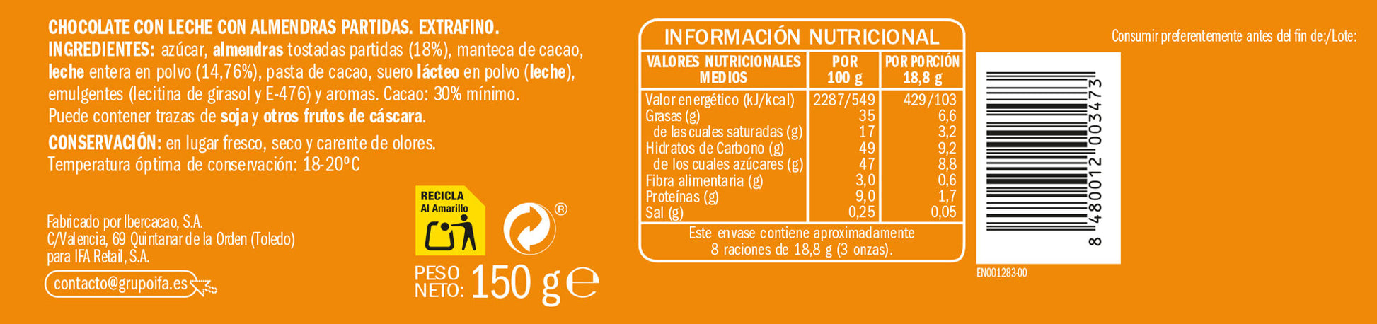 Chocolate leche almendra Ifa eliges 150g