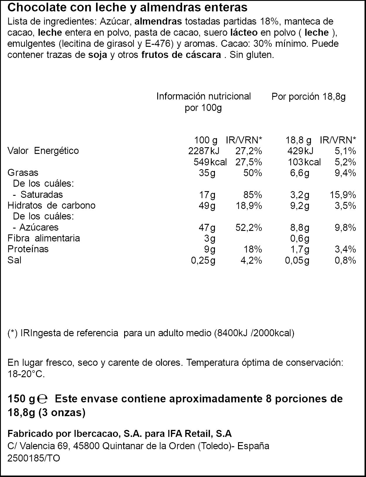 Chocolate leche almendra Ifa eliges 150g