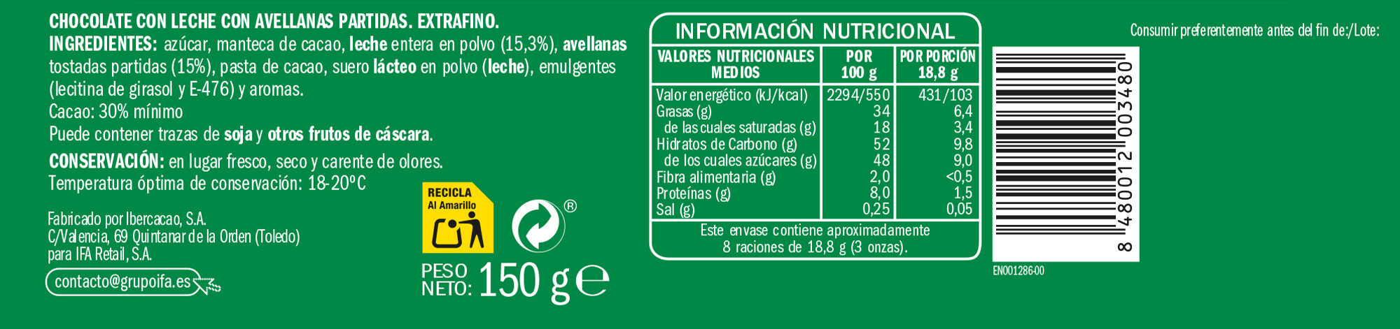 Chocolate leche avellana Ifa eliges 150g