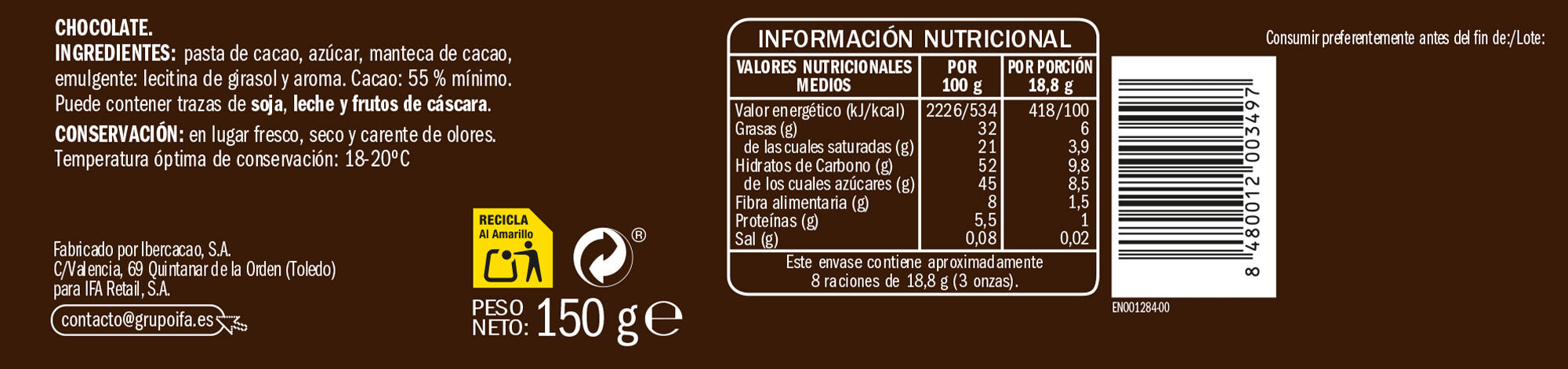 Chocolate extra negro Ifa eliges 150g