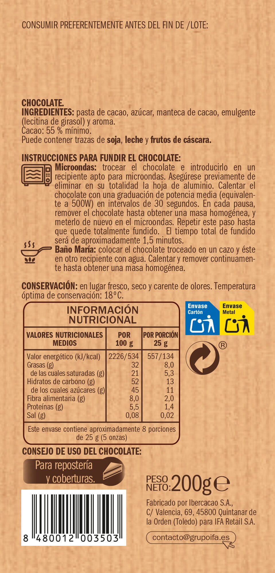 Chocolate para postres Ifa eliges 200g