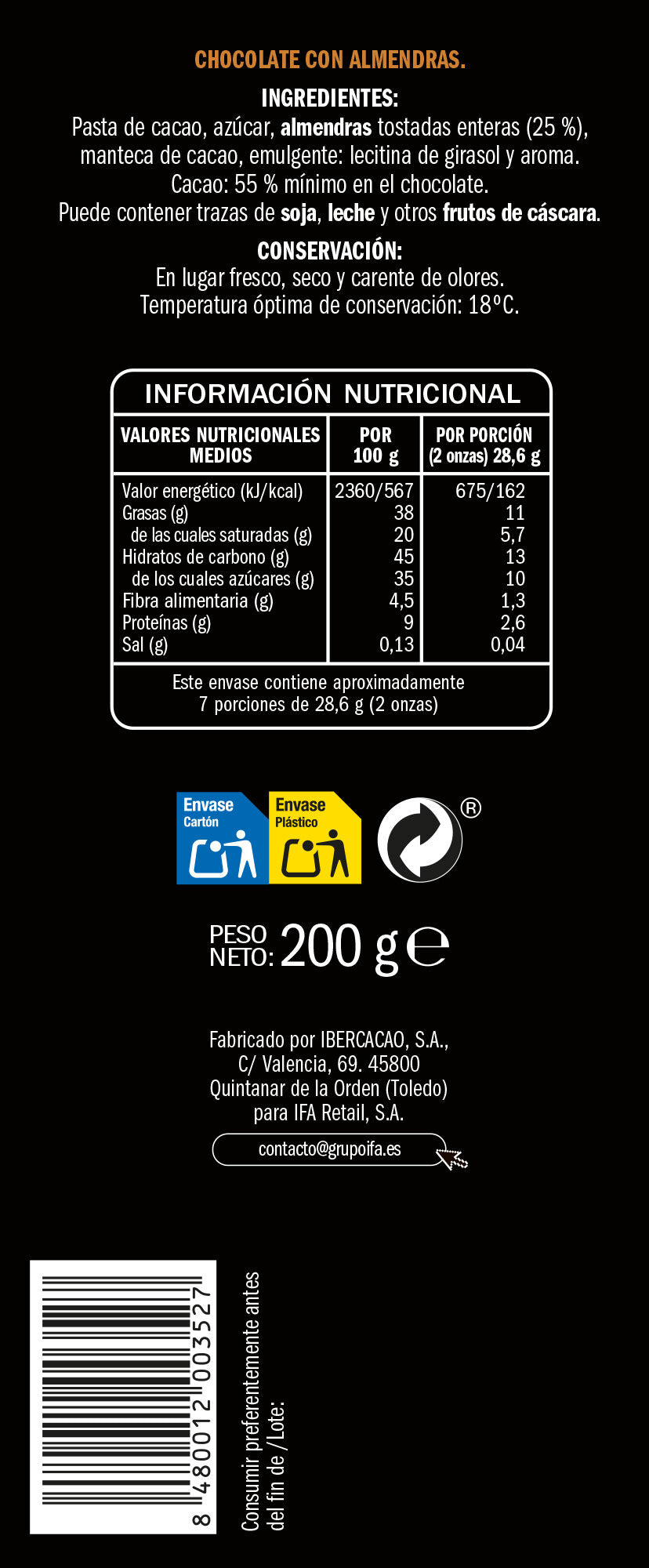 Chocolate puro c/almendra Ifa eliges 200g