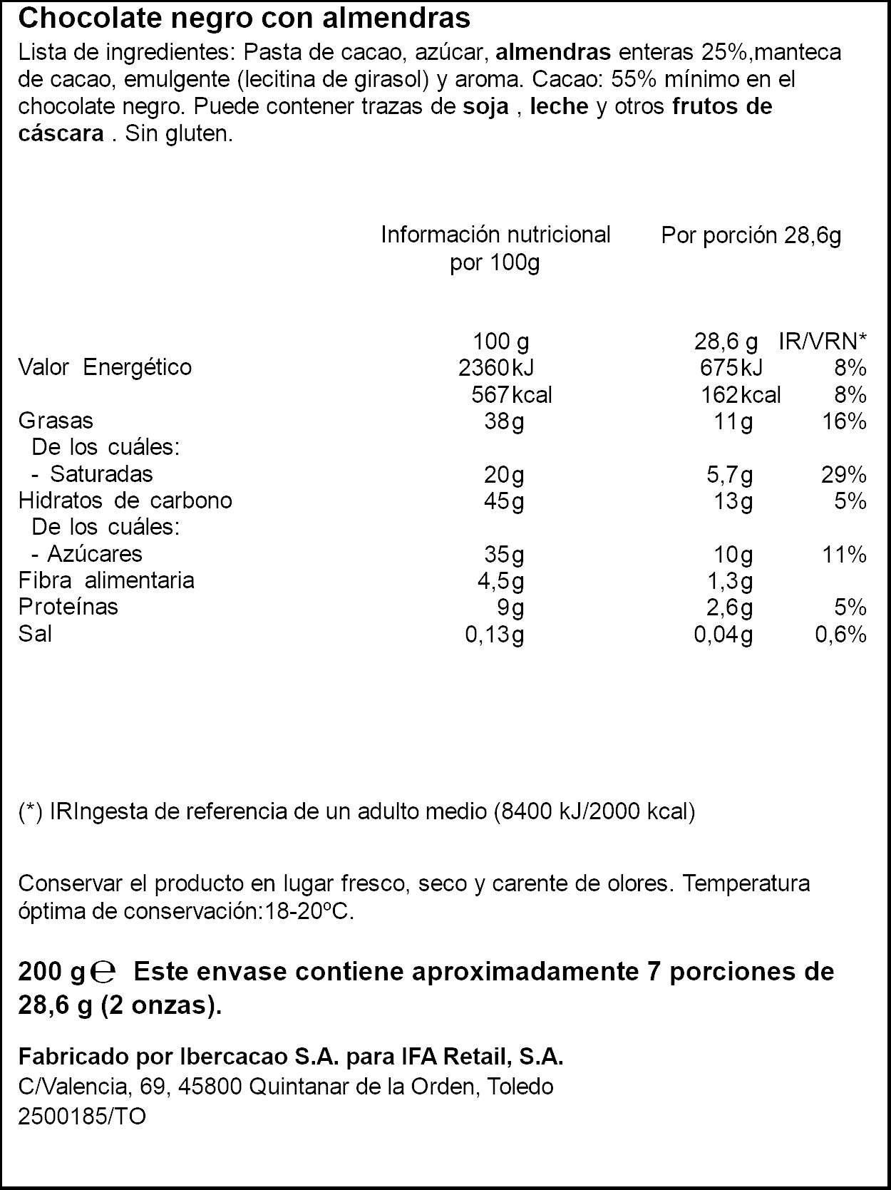 Chocolate puro c/almendra Ifa eliges 200g