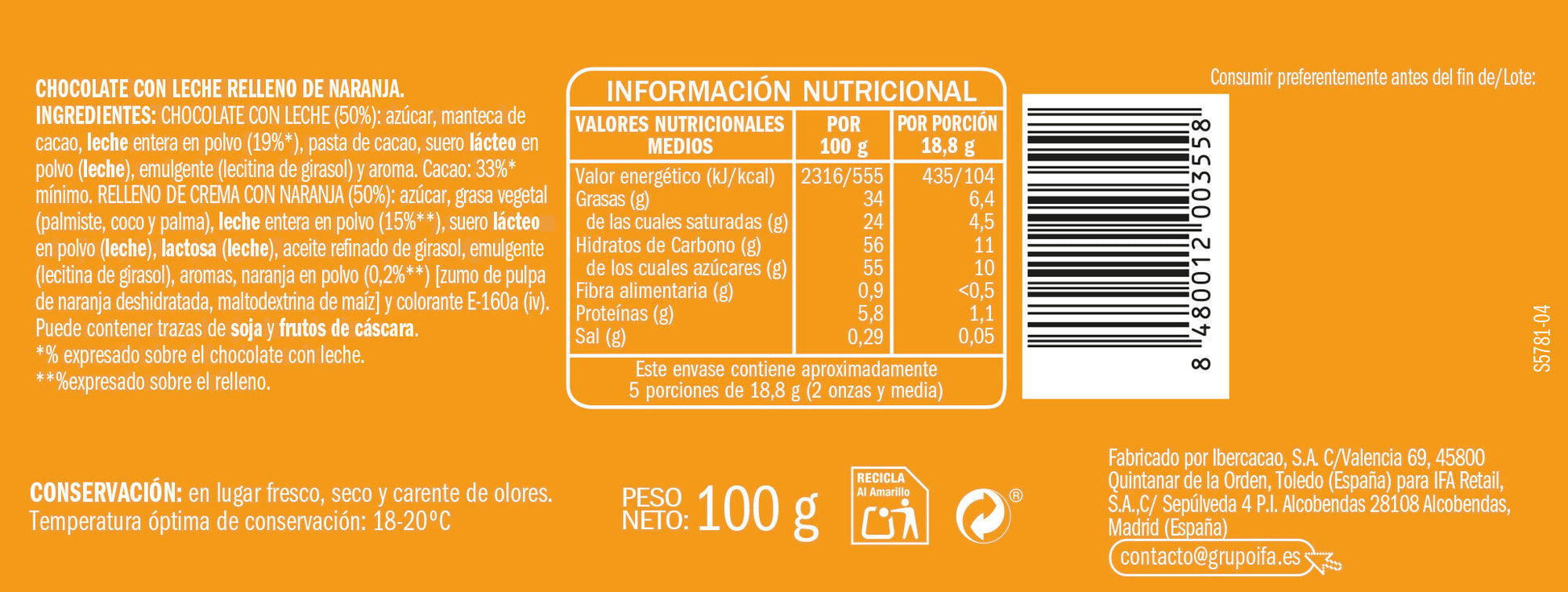 Chocolate con naranja Ifa eliges 100g