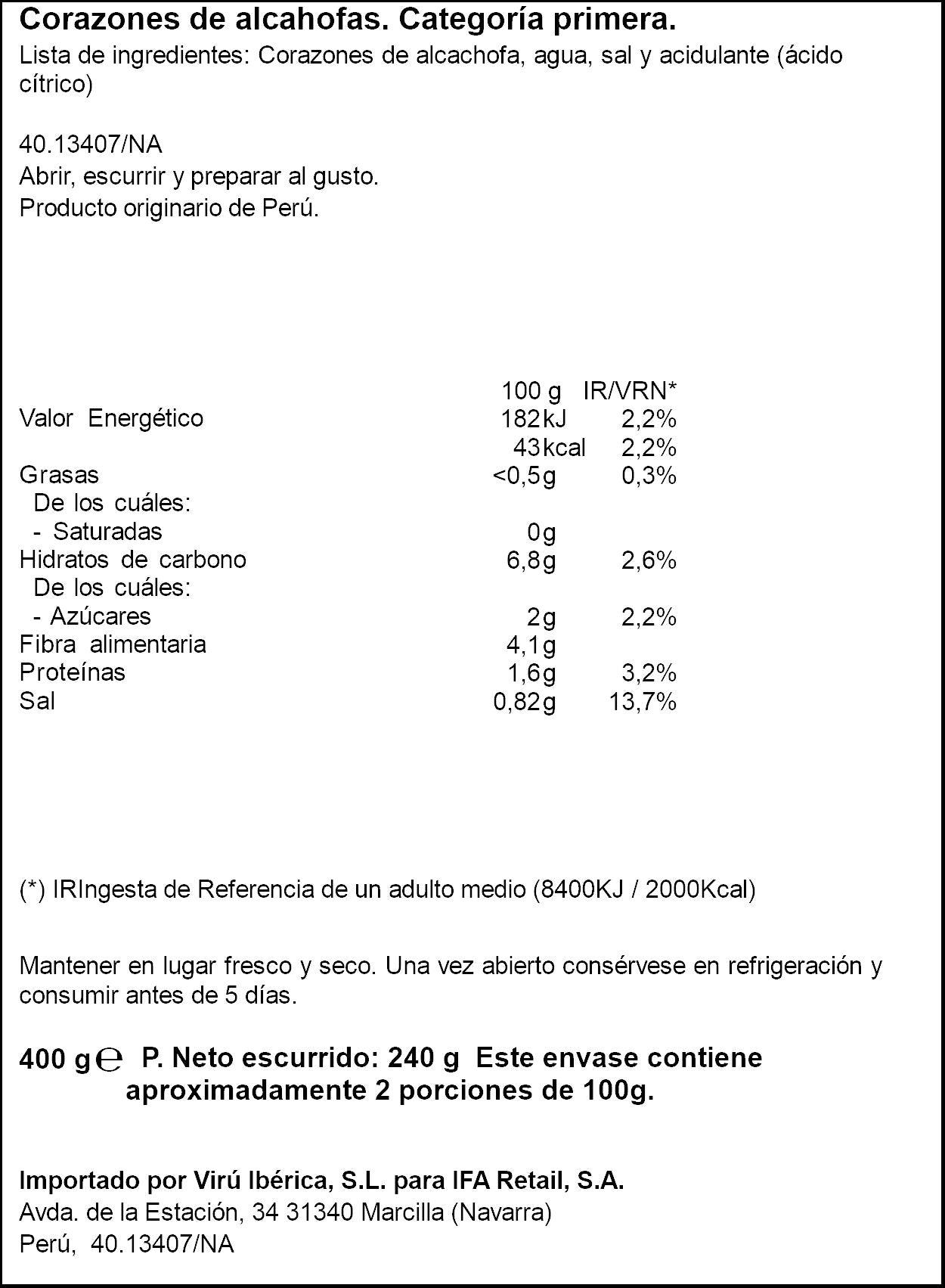 Alcachofa 6/8 corazones lata Ifa eliges 240g escurr