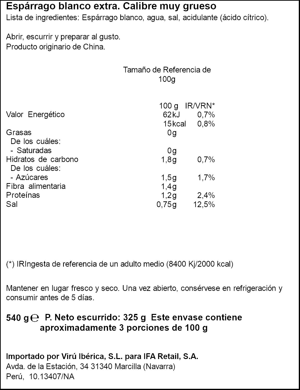 Espárrago blanco muy grueso cristal 9/12 Ifa eliges 325g escurr