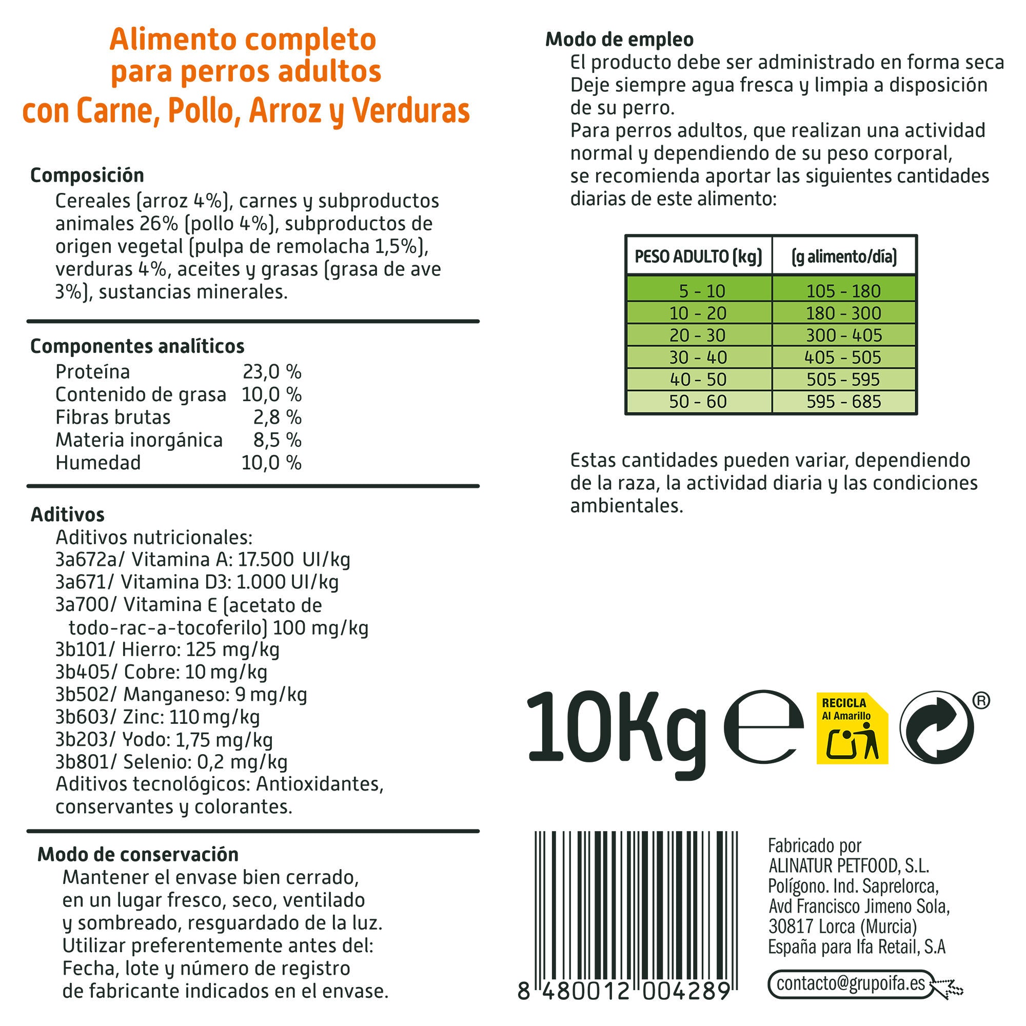Comida seca perro pollo/cereales adultos Ifa amigo 10kg