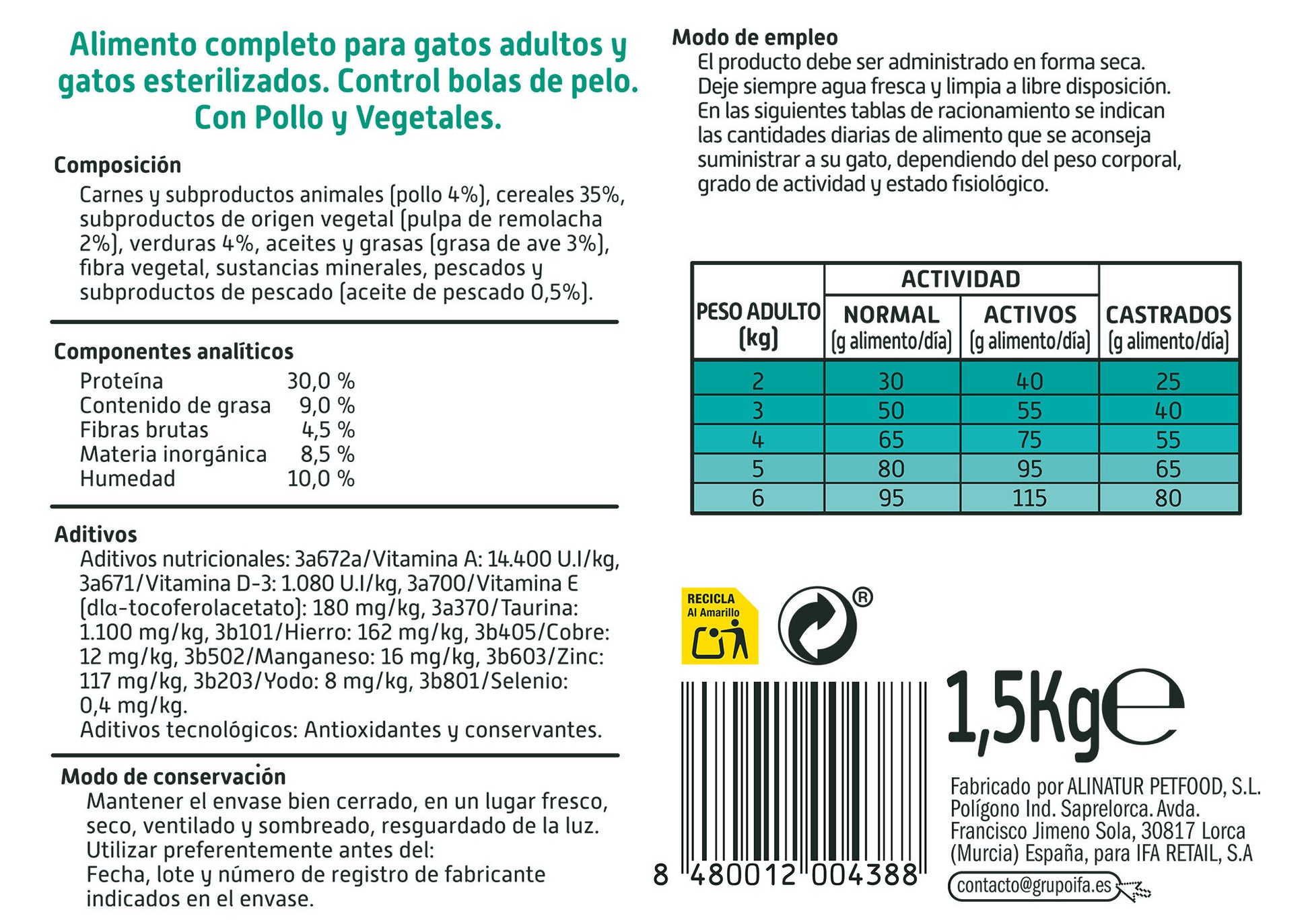 Comida seca gato esteril y bolas pelo saco Ifa amigo 1.5kg