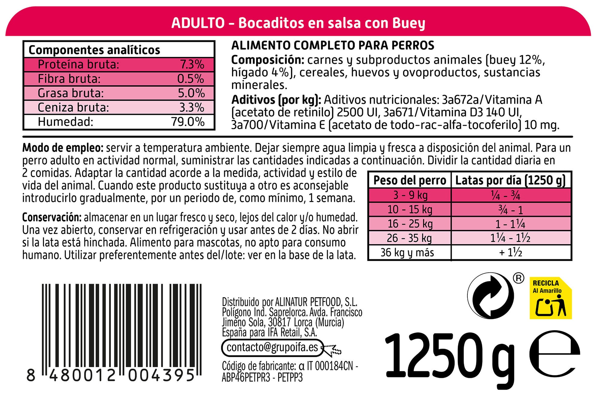 Comida perro bocaditos de buey lata Ifa amigo 1250g