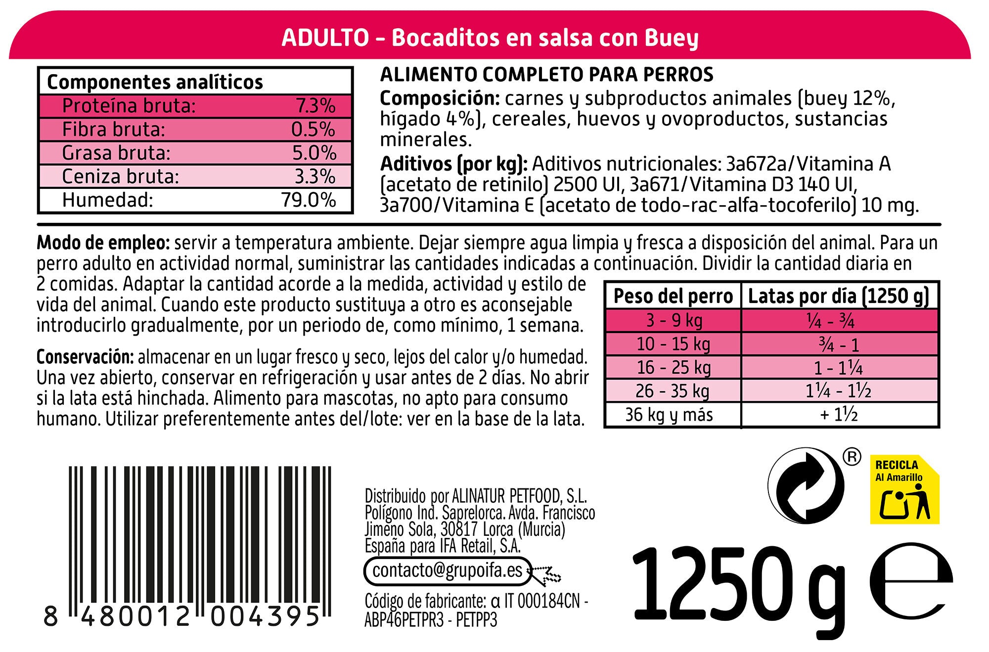 Comida perro bocaditos de buey lata Ifa amigo 1250g