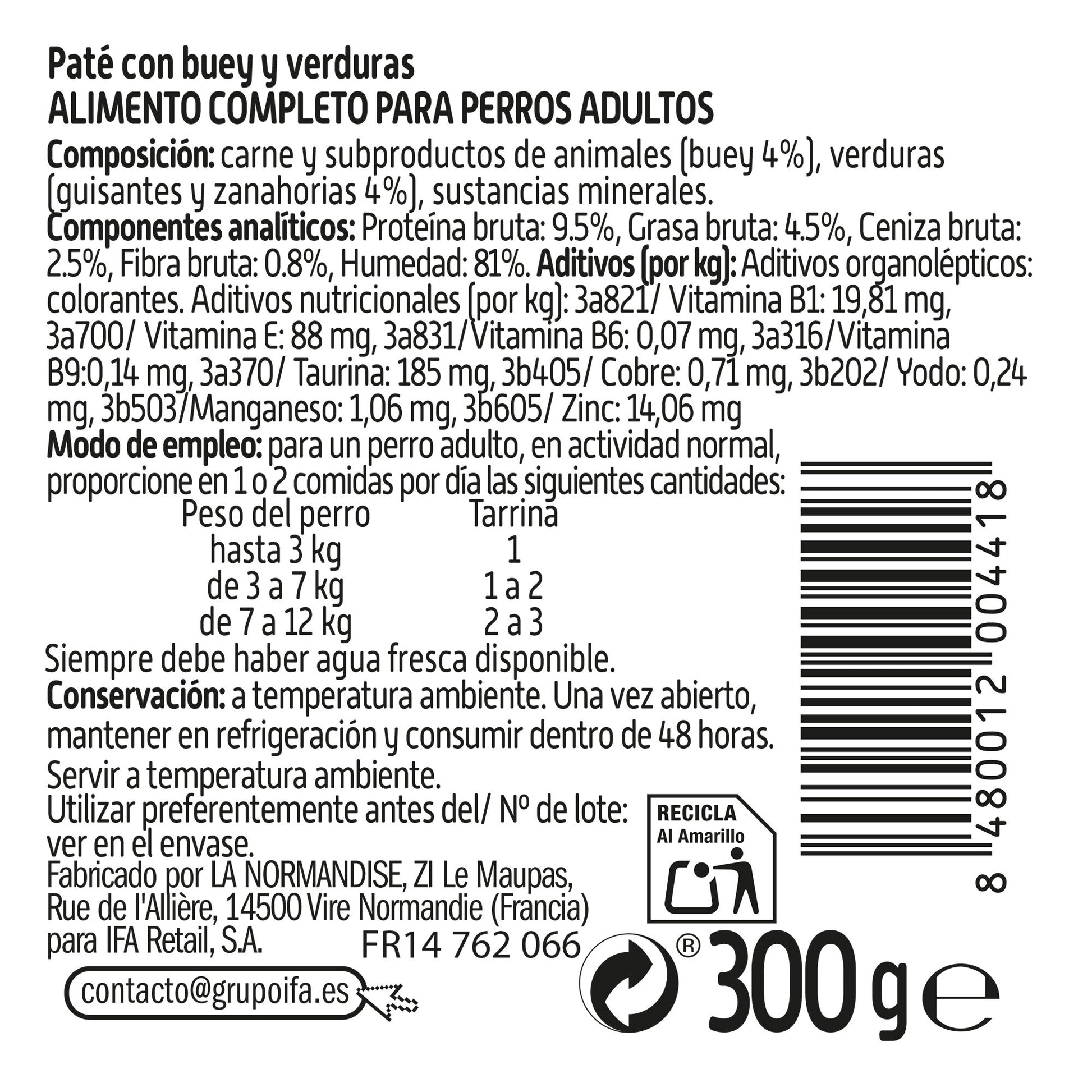 Comida perro paté buey/verdura tarrina Ifa amigo 300g