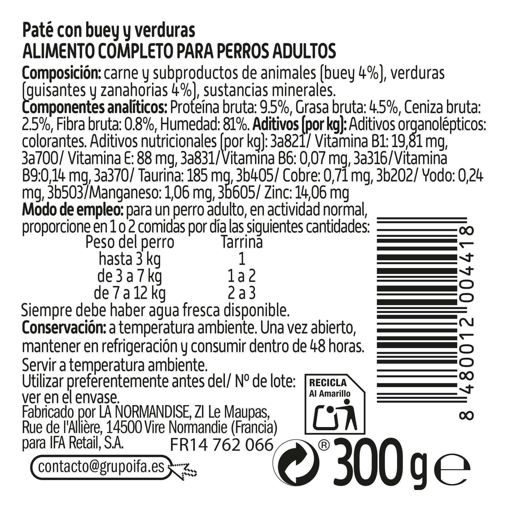 Comida perro paté buey/verdura tarrina Ifa amigo 300g
