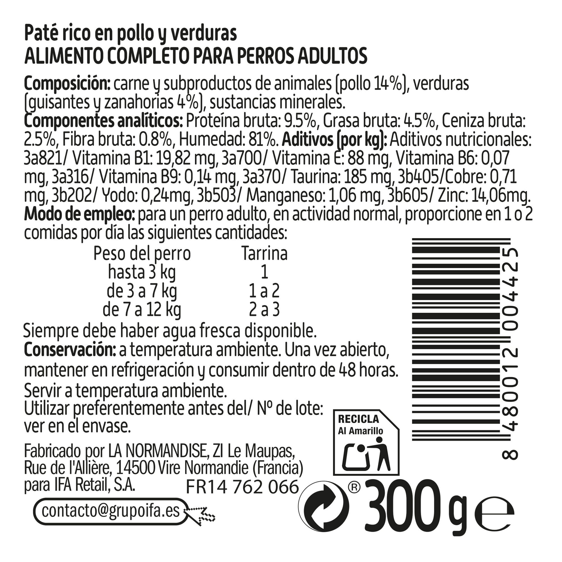 Comida perro paté pollo/verdura tarrina Ifa amigo 300g
