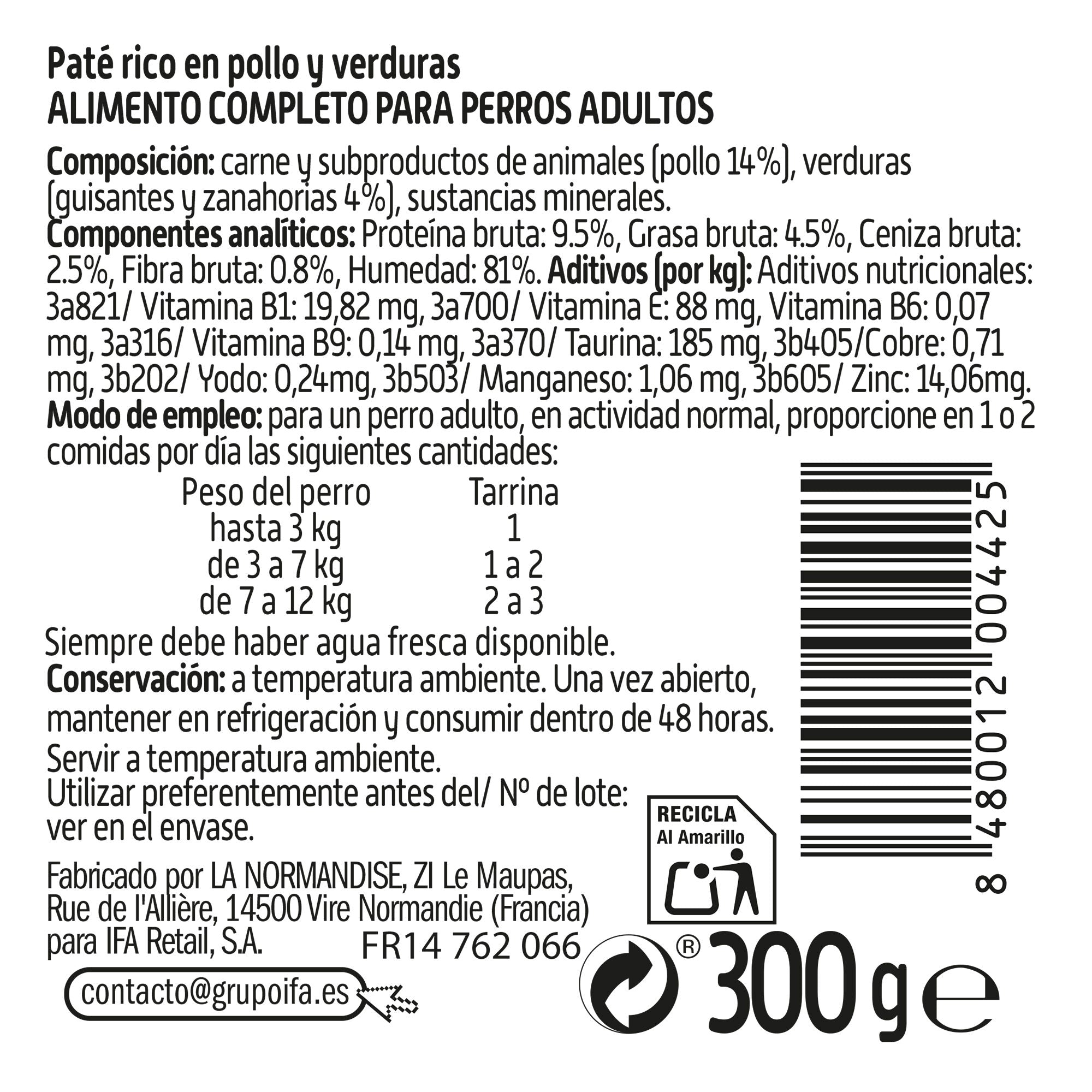 Comida perro paté pollo/verdura tarrina Ifa amigo 300g