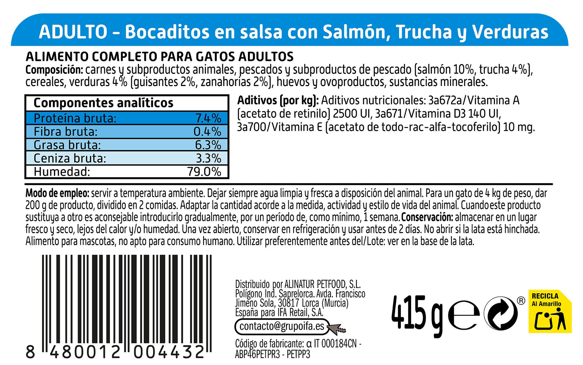 Comida húmeda gato bocaditos salmón lata Ifa amigo 415g