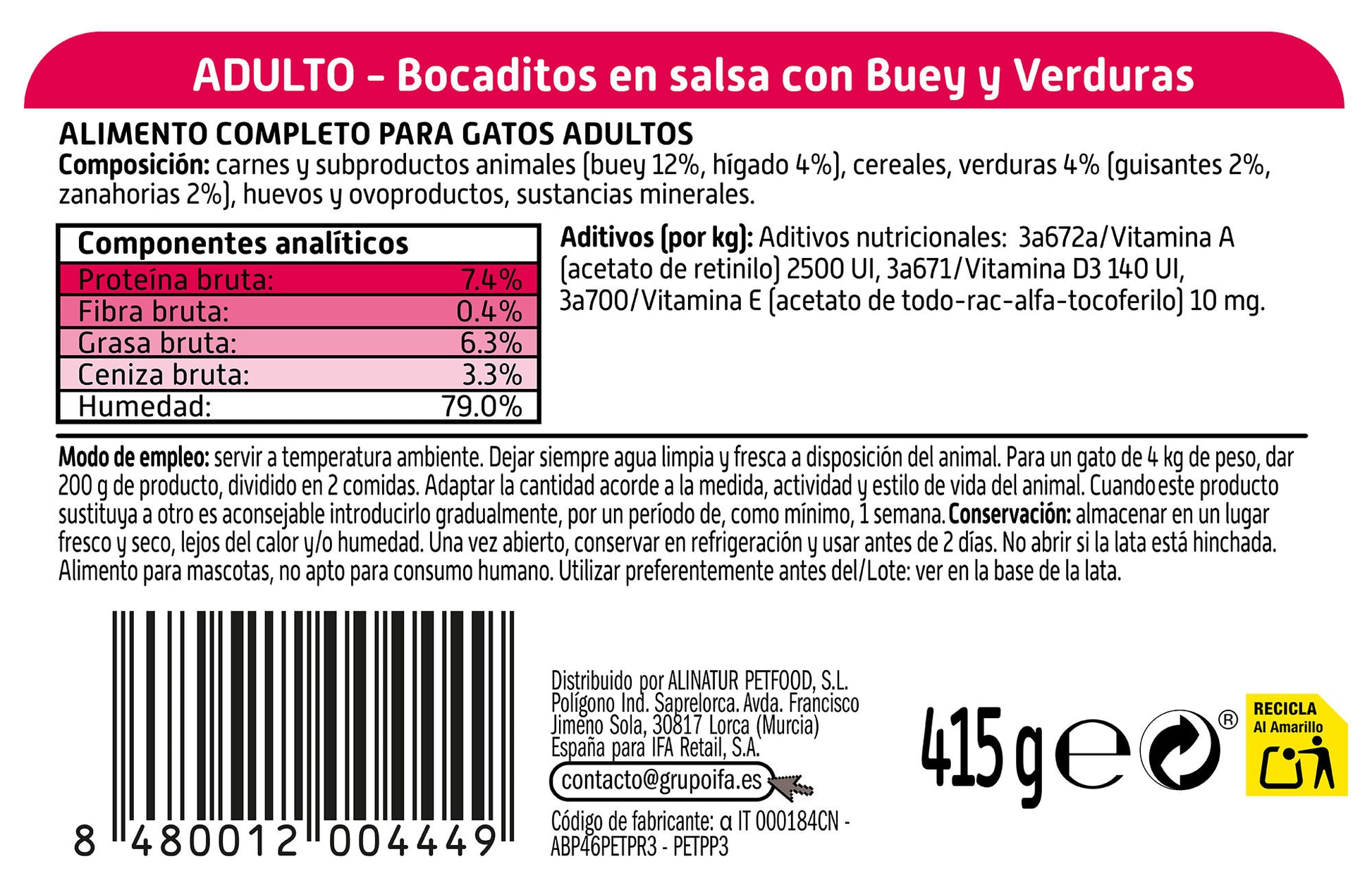 Comida húmeda gato bocados buey lata Ifa amigo 415g