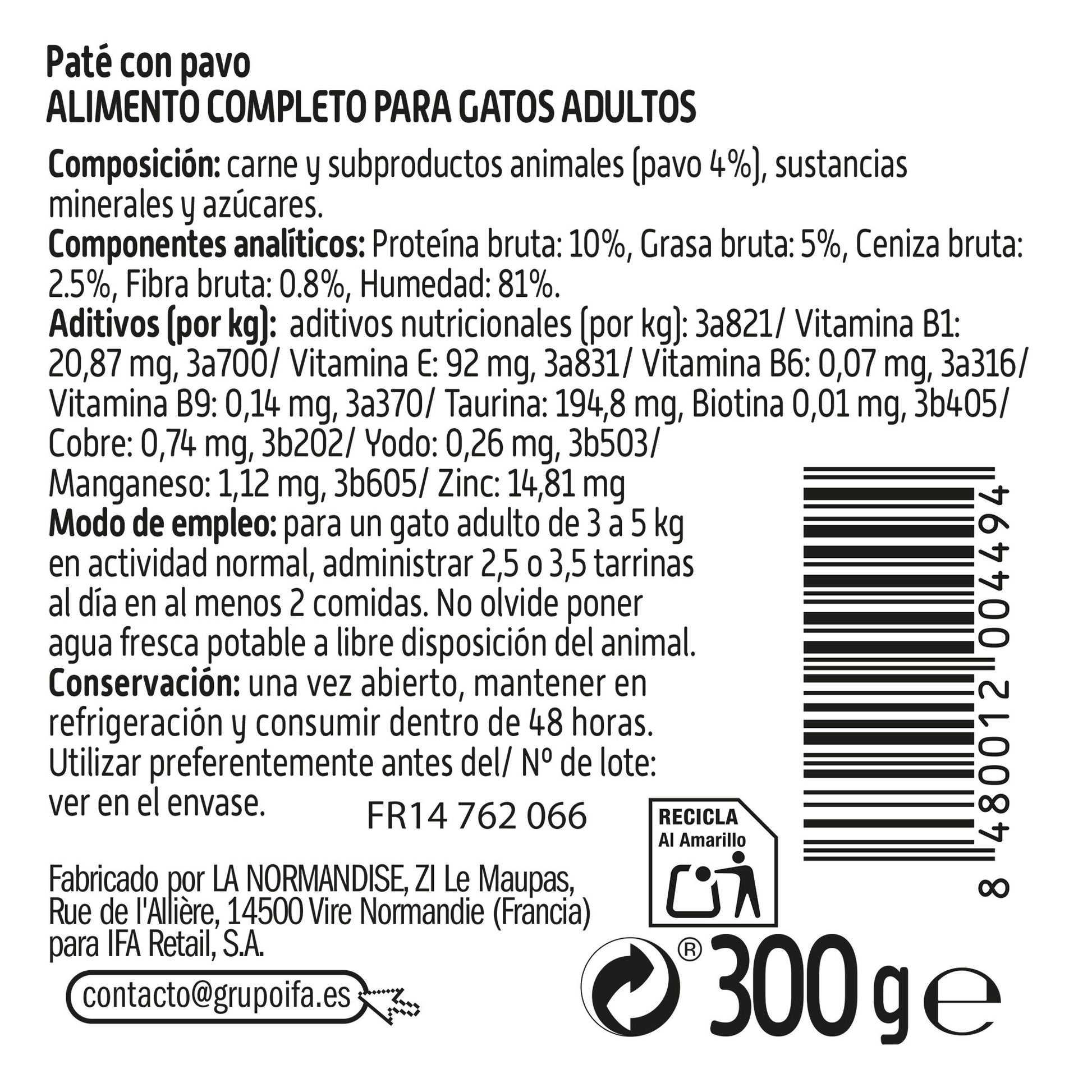 Comida gato húmedo paté de pavo tarrina Ifa amigo 300g