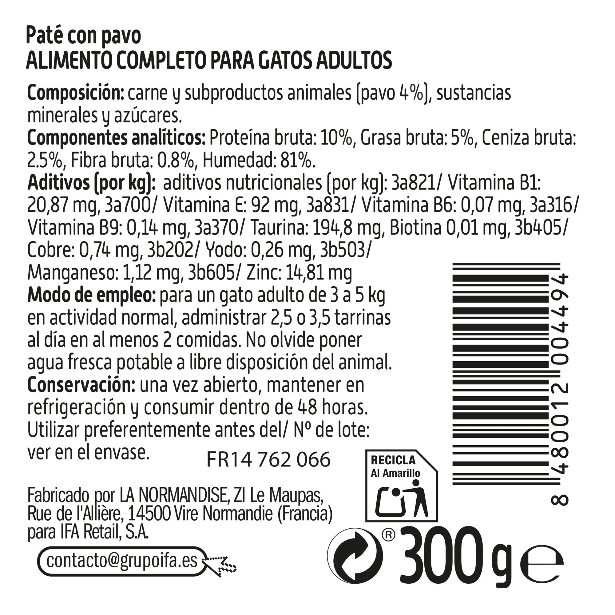 Comida gato húmedo paté de pavo tarrina Ifa amigo 300g