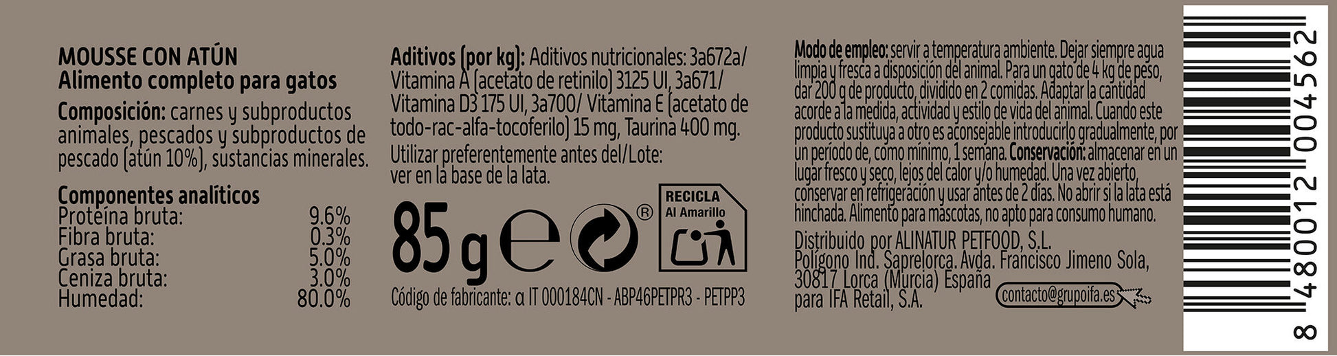 Comida húmeda gato mousse atún lata Ifa amigo 85g