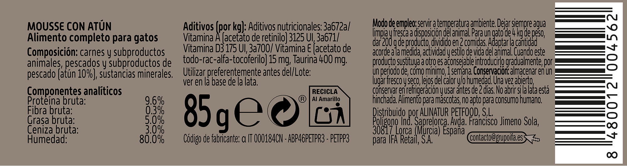 Comida húmeda gato mousse atún lata Ifa amigo 85g
