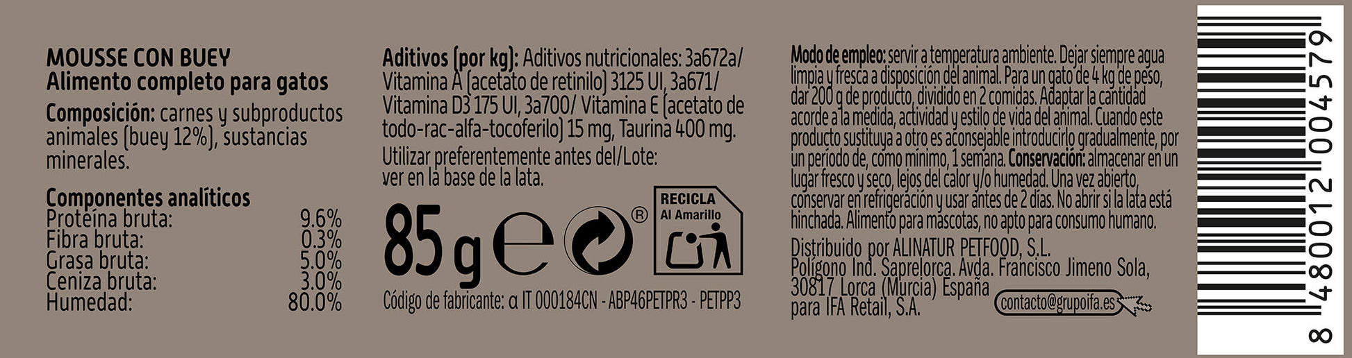 Comida húmeda gato buey latita Ifa amigo 85g