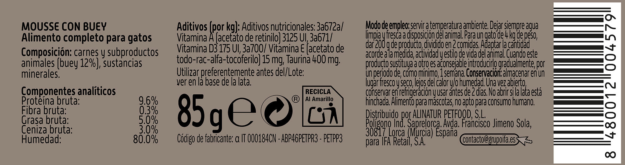 Comida húmeda gato buey latita Ifa amigo 85g