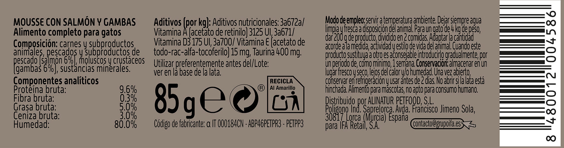 Comida húmeda gato mousse salmón y gambas lata Ifa amigo 85g