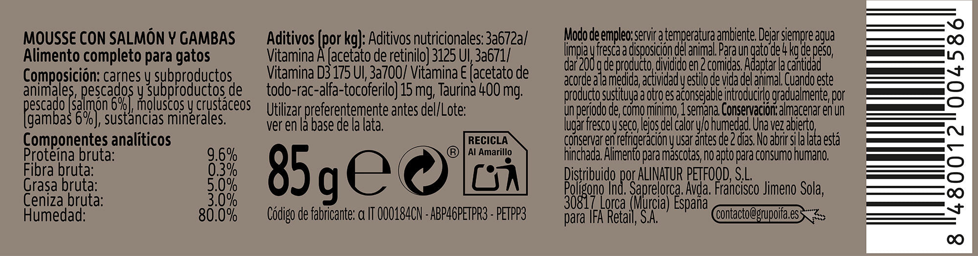 Comida húmeda gato mousse salmón y gambas lata Ifa amigo 85g