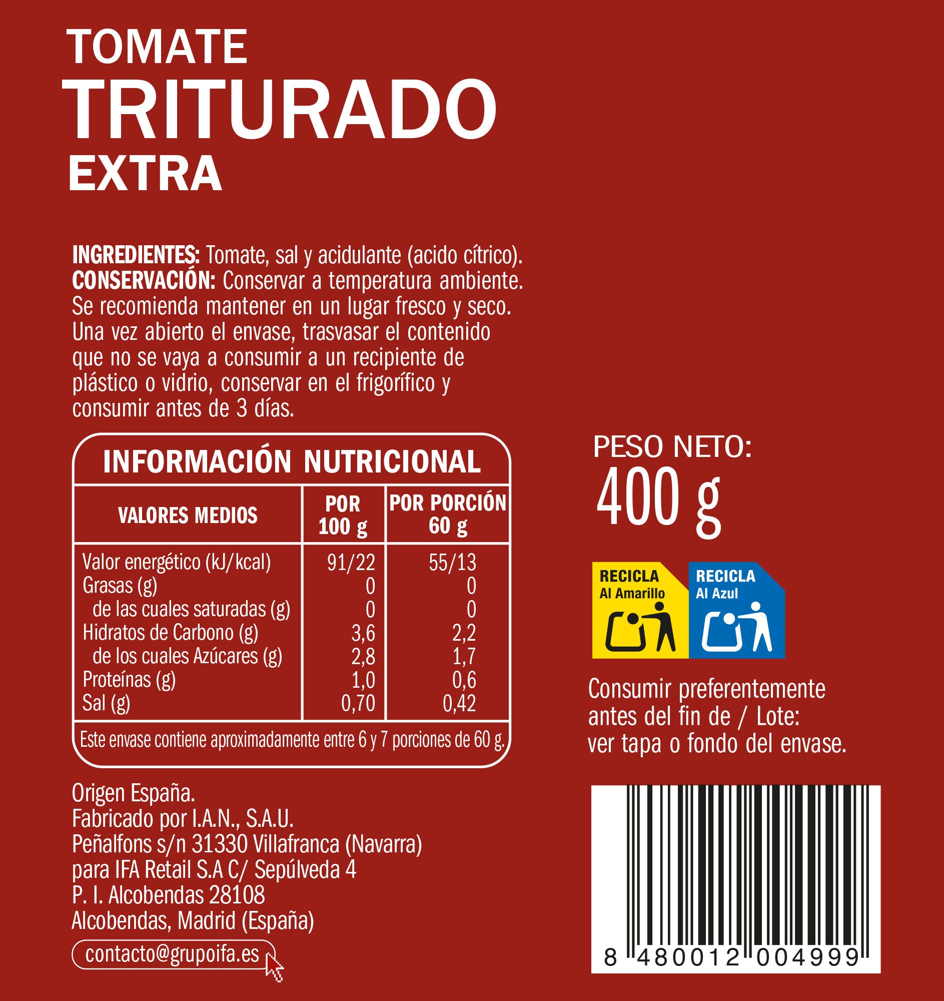Tomate triturado extra lata Ifa eliges 390g