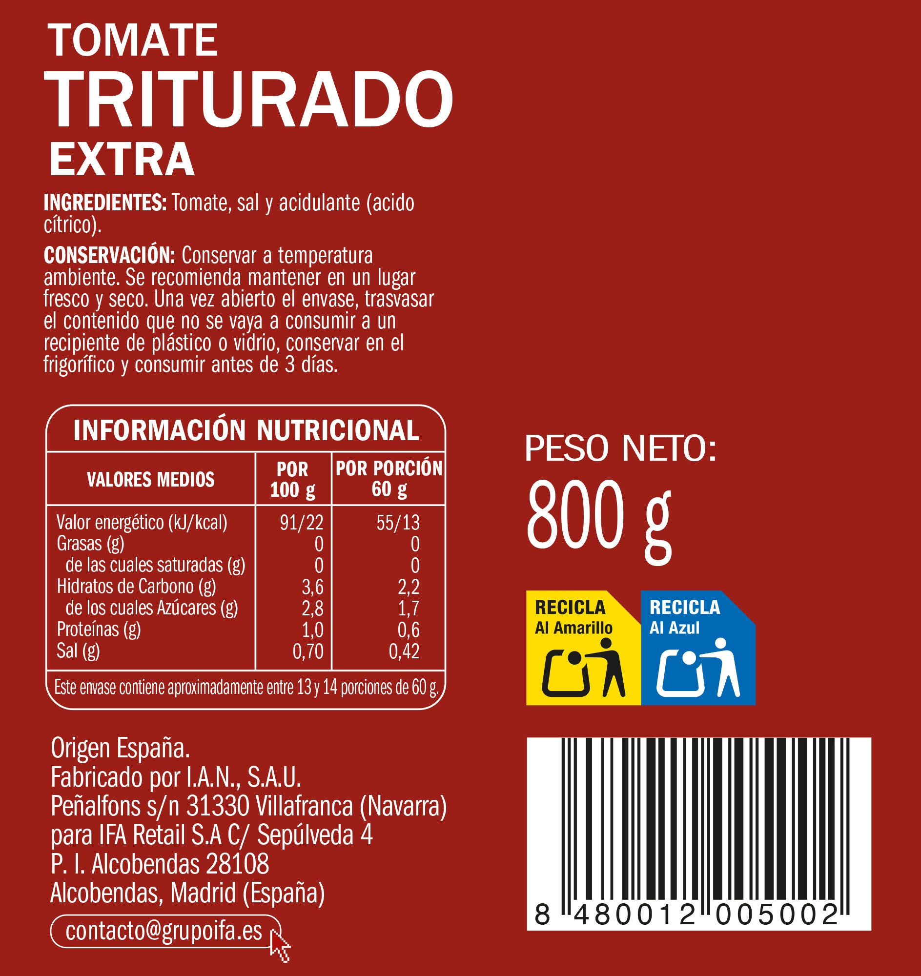 Tomate triturado extra lata Ifa eliges 800g escurr