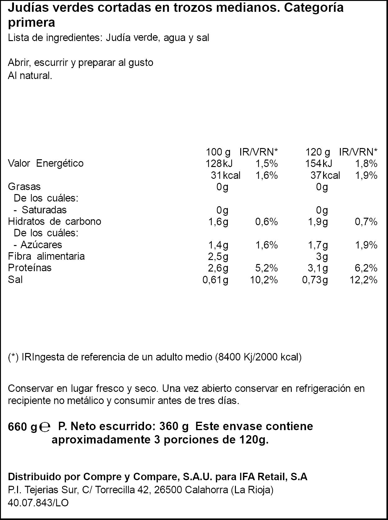 Judía verde ancha cristal Ifa eliges 360g escurr