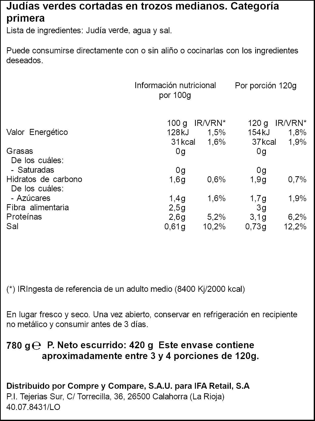 Judía verde cortada ancha lata Ifa eliges 420g escurr