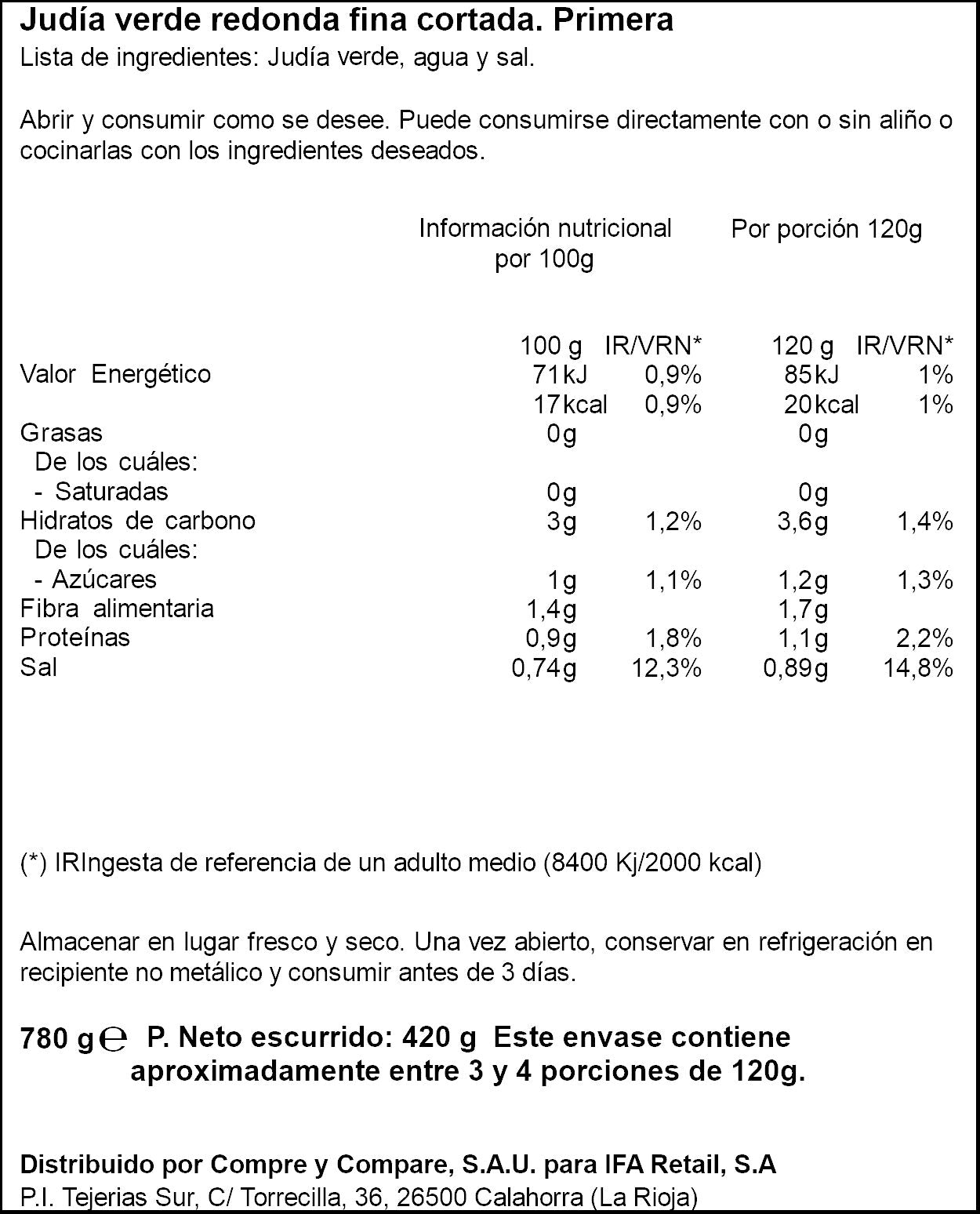 Judía verde cortada fina lata Ifa eliges 420g escurr