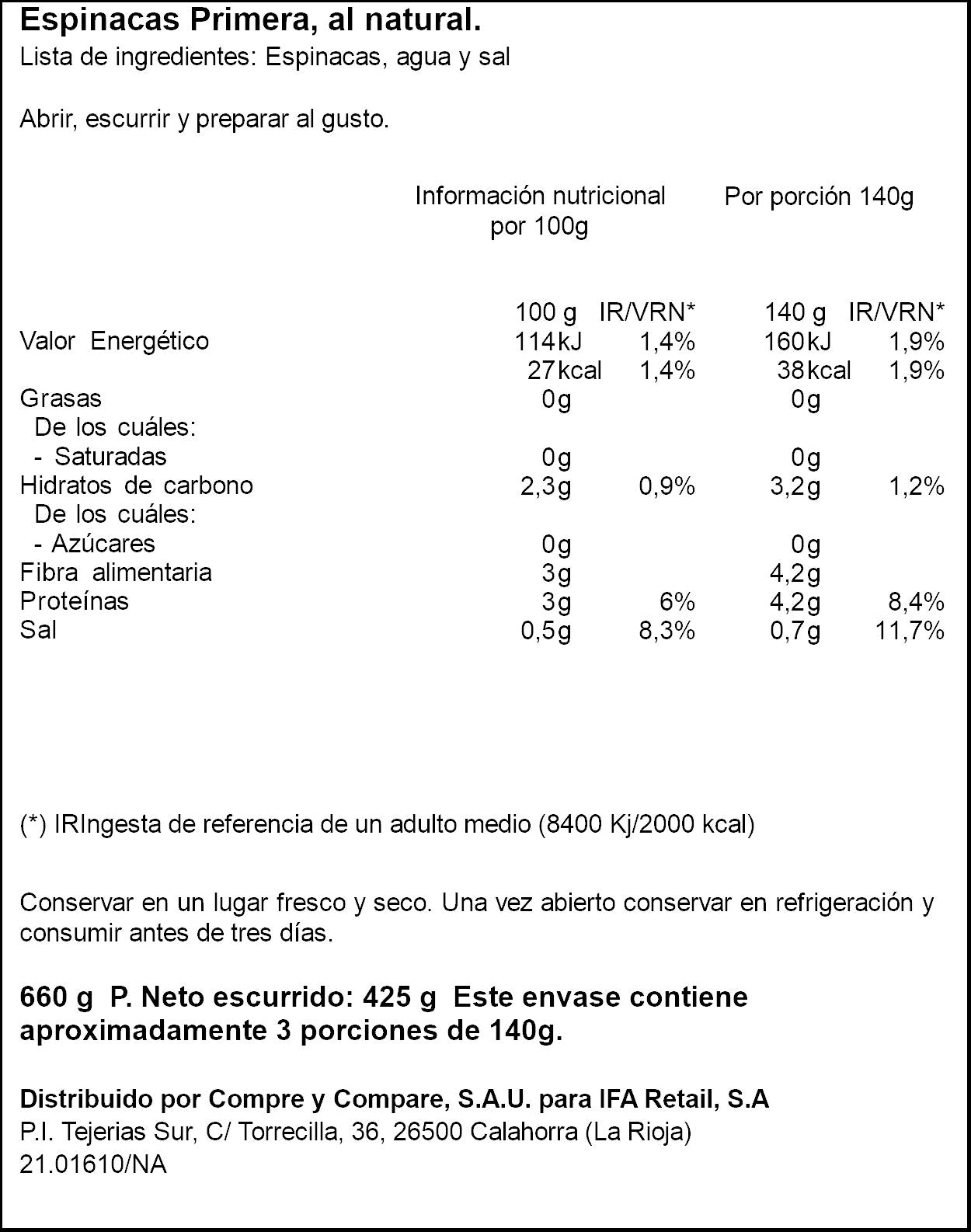 Espinacas cristal Ifa eliges 425g escurr