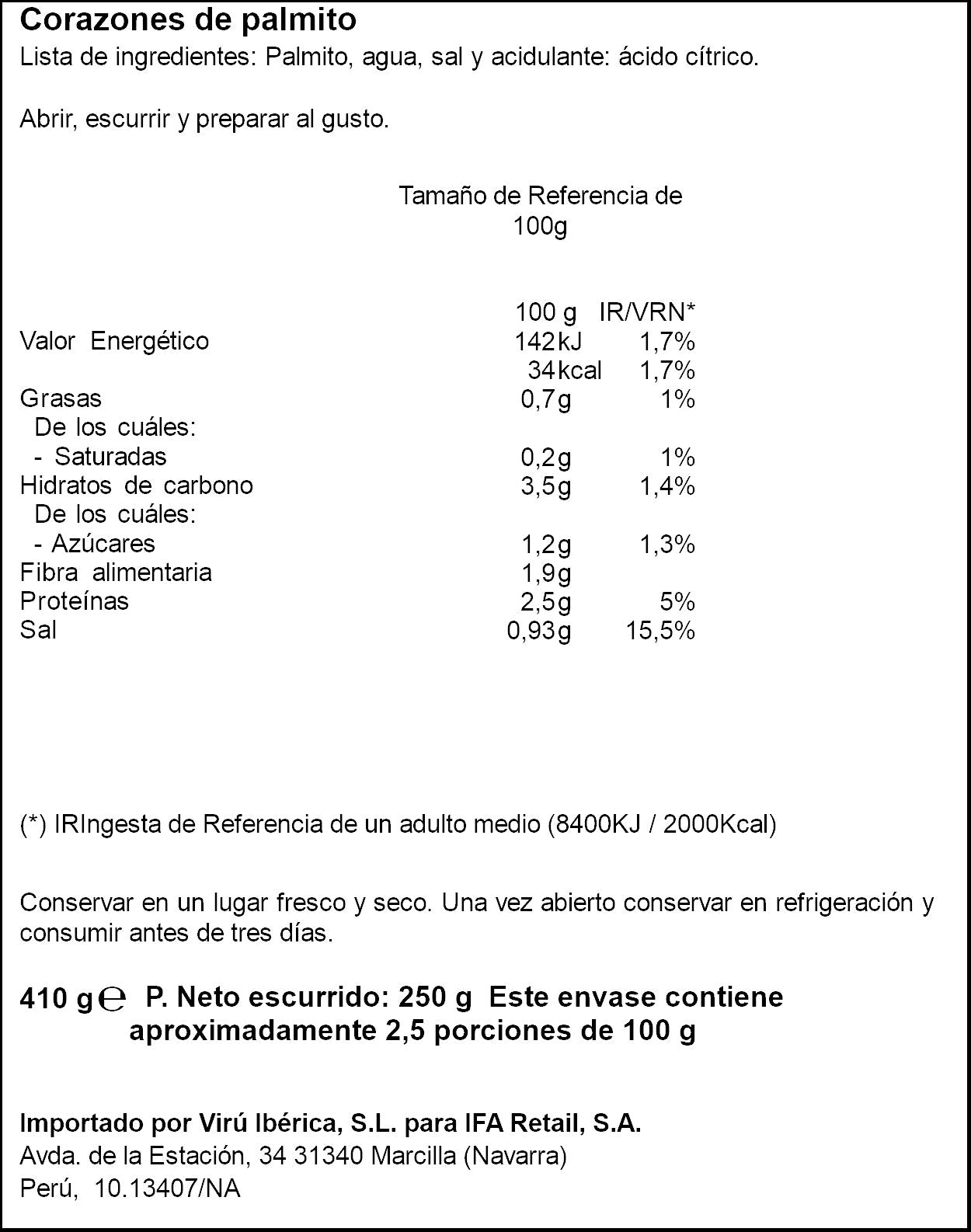 Palmito entero cristal Ifa eliges 250g escurr