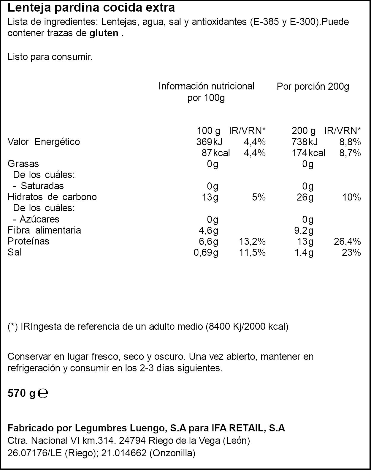 Lenteja cocida cristal Ifa eliges 400g escurr