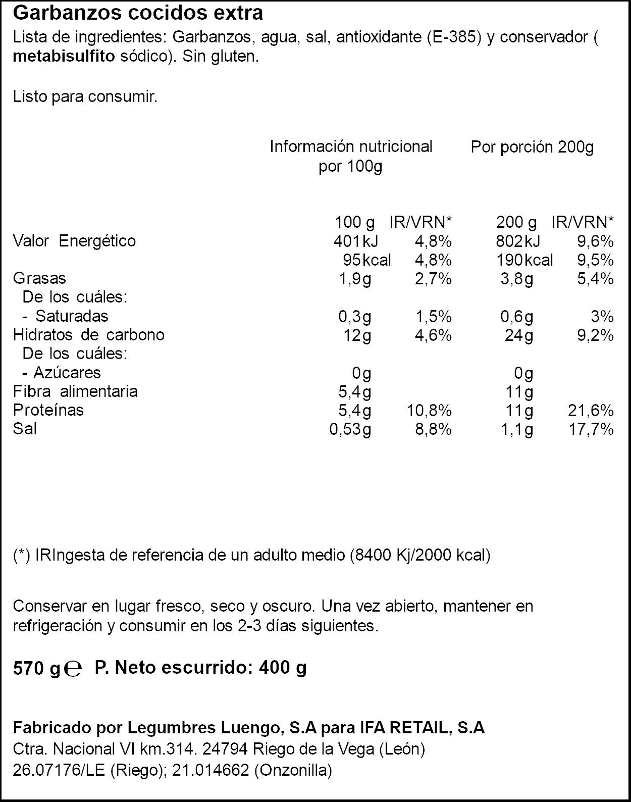 Garbanzo cocido cristal Ifa eliges 400g escurr