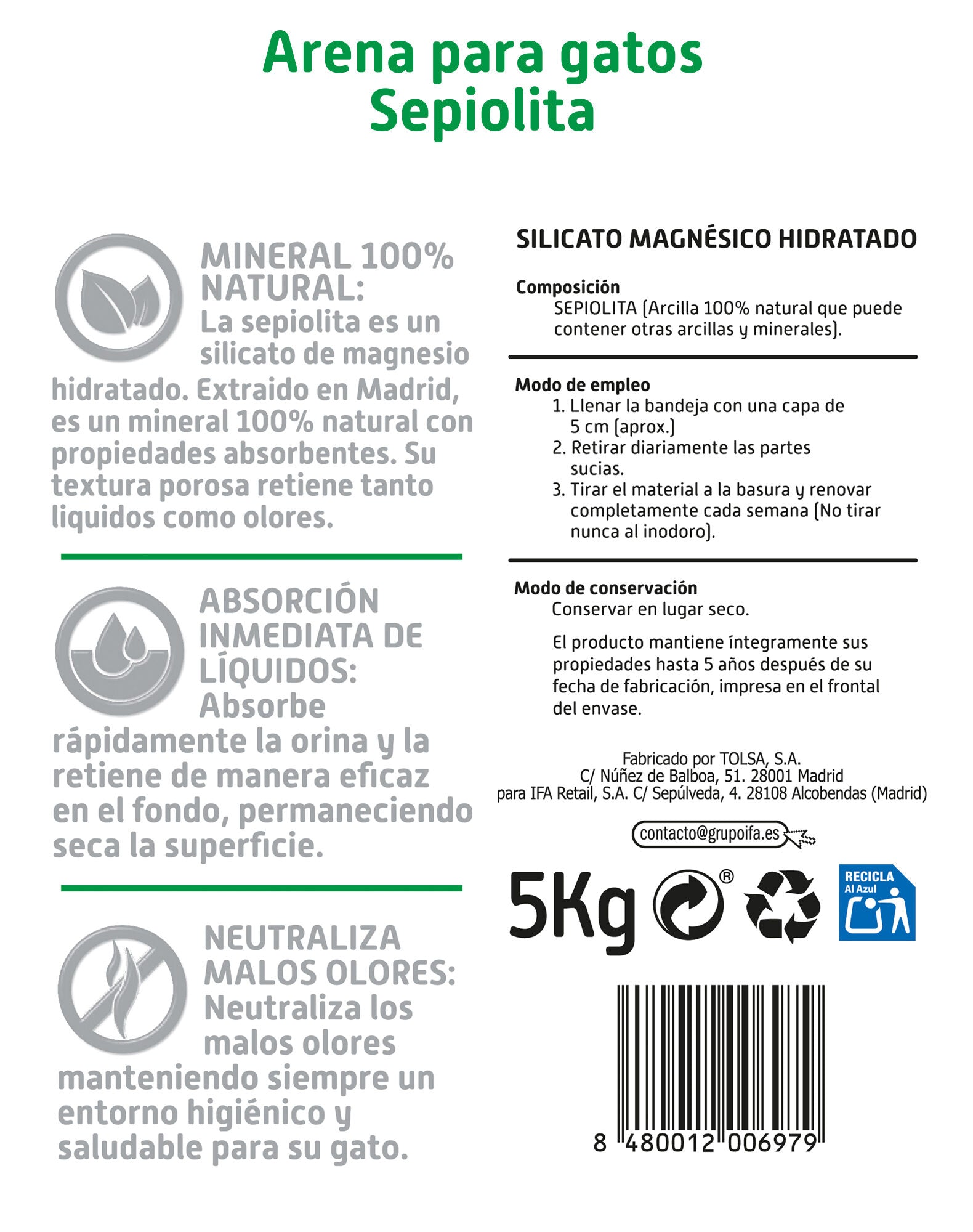 Arena gatos sepiolita Ifa amigo 5kg