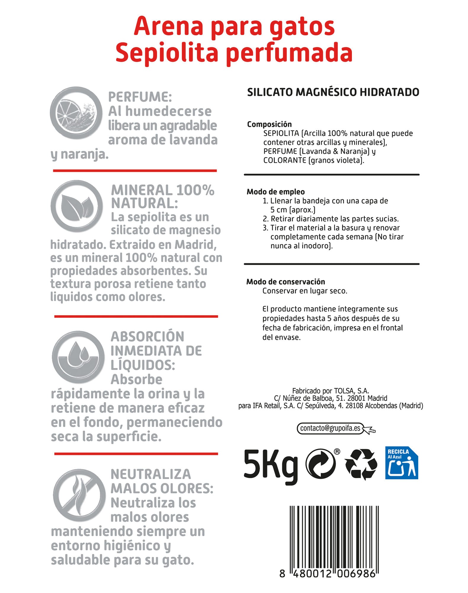 Arena gatos perfumada saco Ifa amigo 5kg