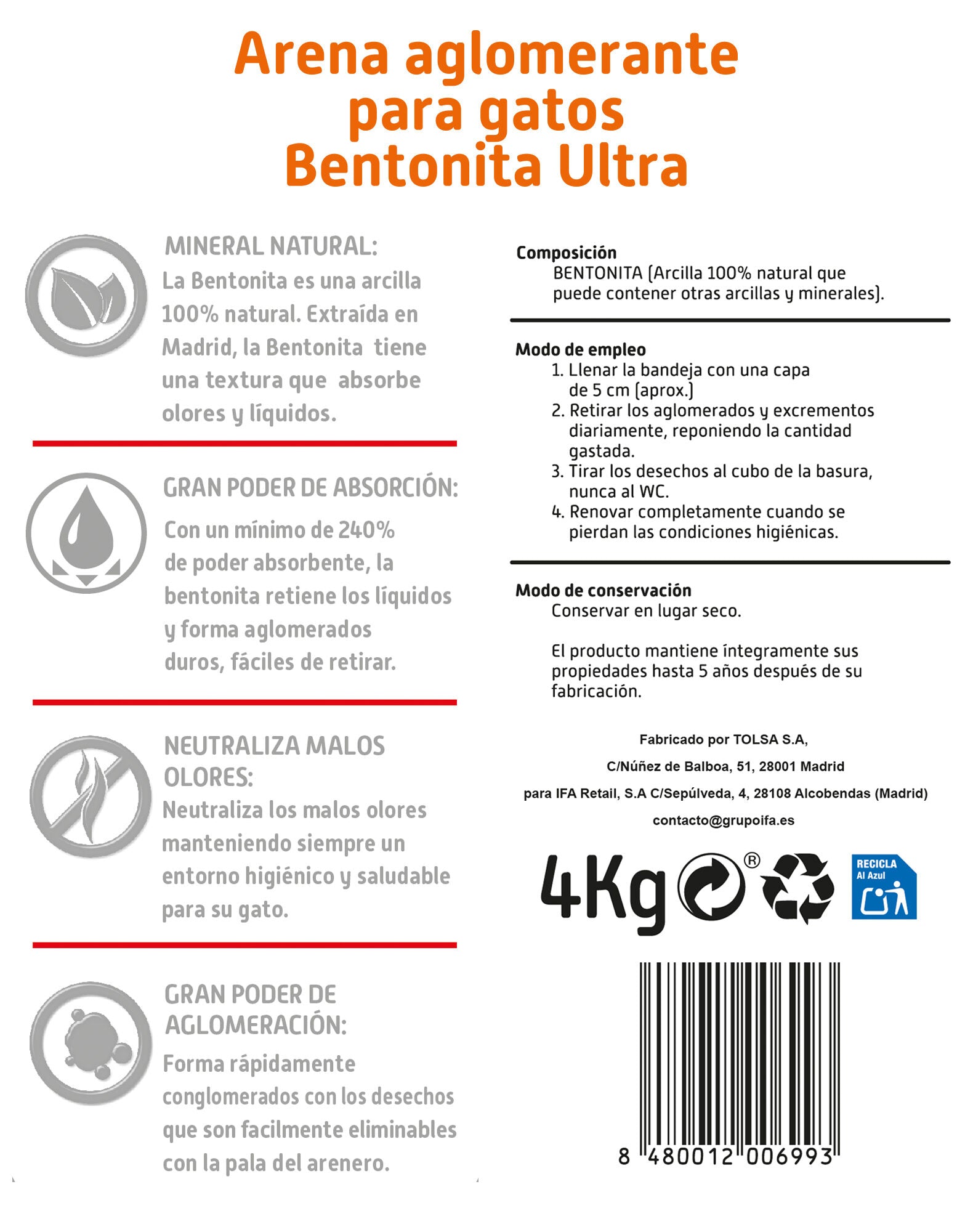 Arena gatos aglomerante bentonita ultra Ifa amigo 4kg