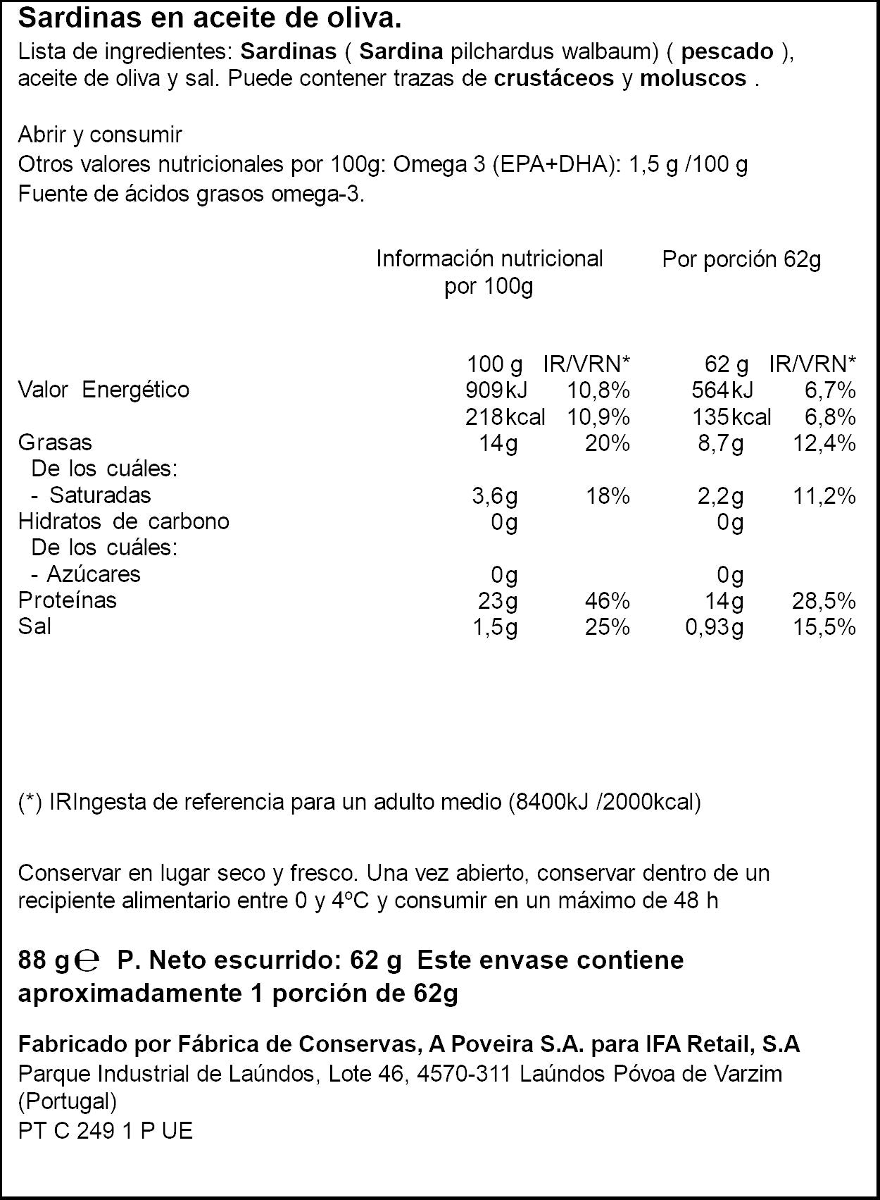 Sardinillas aceite oliva rr-90 lata Ifa eliges 62g escurr